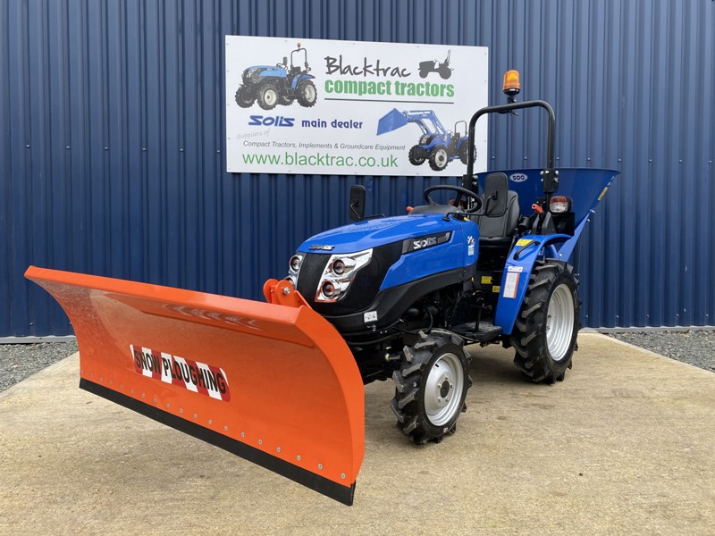 Front view of Solis Compact Tractor with DW Tomlin Front Snowplough and Rear Fleming Gritter