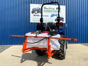 New Maple Spot & Broadcast Sprayer for Compact Tractor shown on the back of a Solis Compact Tractor