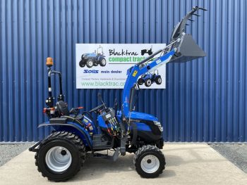 Side view of New Solis 26 Compact Tractor with Loader & Hydraulic Grab Bucket