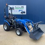 Front view of Solis 26S (Shuttle) 4WD Compact Tractor with Loader & Hydraulic Grab Bucket