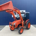 Front view of Kubota L1361 HST Tractor with Kubota LA514 Front Loader & Bucket