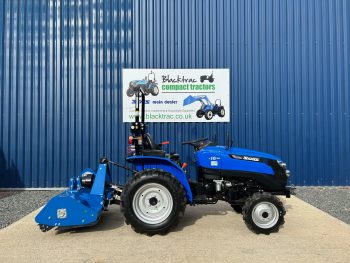 Side view of Solis 16 Compact Tractor with Maple Machinery 105m Heavy Duty Flail Mower