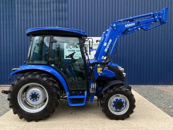 Side view of Solis 50 4WD Compact Tractor with Cab & Solis 5500V Loader & Bucket