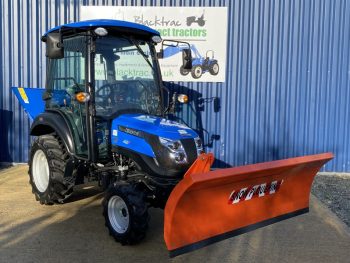 Front view of Solis 26HST Compact Tractor with Snowplough & Gritter