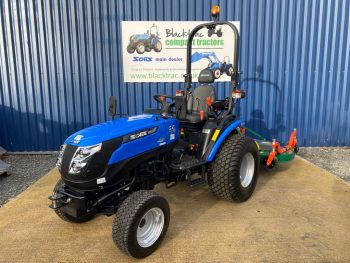 Front view of new Solis 26 Shuttle Compact Tractor with Wessex CMT180 Finishing Mower