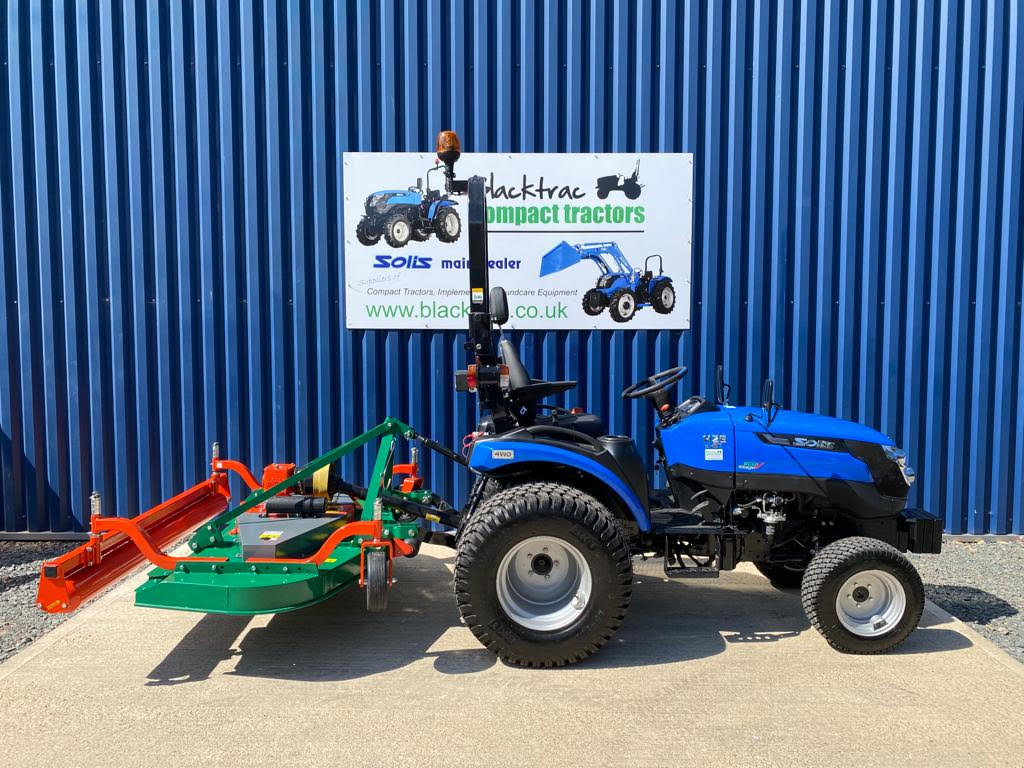 Side view of Solis 26HST Compact Tractor with New Wessex CMT180 Finishing Mower
