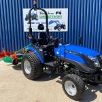 Front view of sports pitch package showing Solis 26HST Compact Tractor with New Wessex CMT180 Finishing Mower