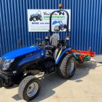 Front view of sports pitch package showing Solis 26HST Compact Tractor with New Wessex CMT180 Finishing Mower