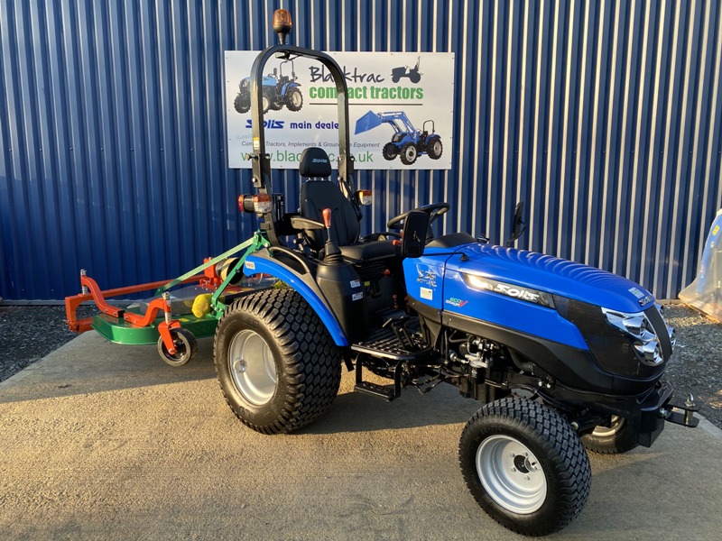 Front view of new Solis 26 Shuttle Compact Tractor with new Wessex CMT180 Finishing Mower (with rear roller kit)