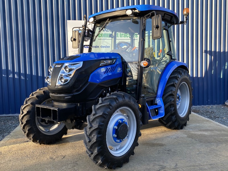 Front view of Solis 60 4WD Tractor with Cab on Agricultural Tyres