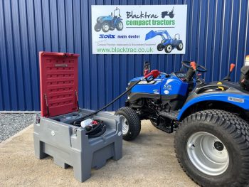 View of new Fuel Bowser / Tank with Electric Pump filling Solis Compact Tractor