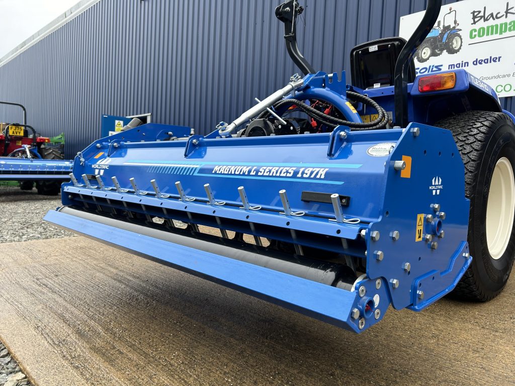 Rear view of new Worldtrac 197 Heavy Duty Hydraulic Offset Flail Mower for Compact Tractor