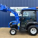 Side view of new Solis 26HST (Hydrostatic) Compact Tractor with Cab, Loader & Grab Bucket