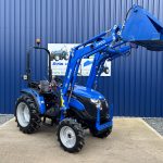 Side / front view of new Solis 40 Shuttle 4WD Compact Tractor with Loader raised